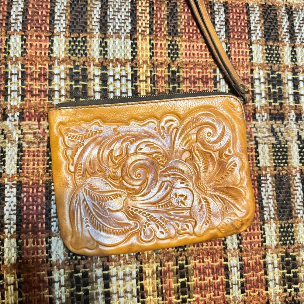 Patricia Nash Embossed Leather Wristlet in Tan